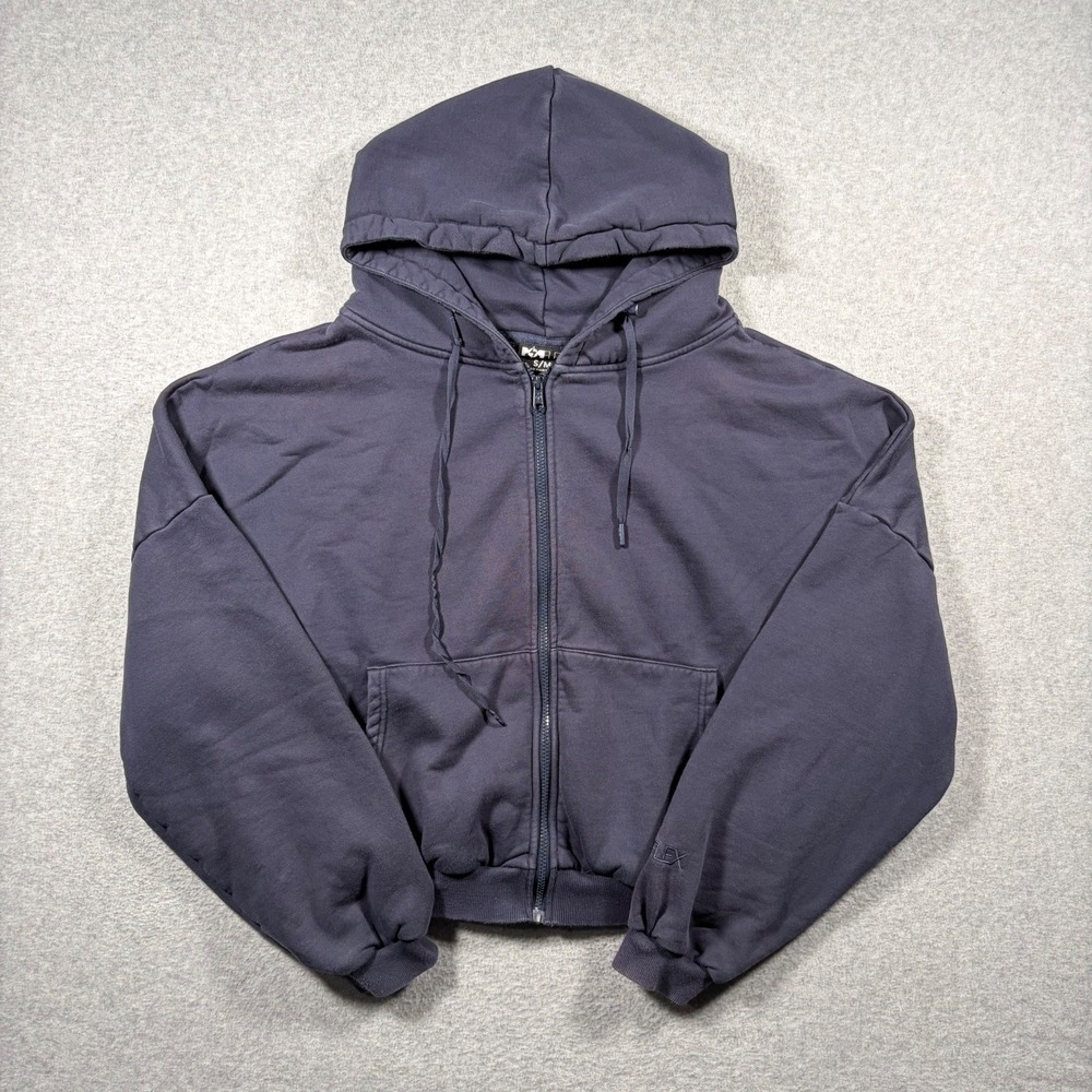 POPFLEX Cloud Zip Up Hoodie Women Small/Medium Navy Blue Cropped Fleece Jacket